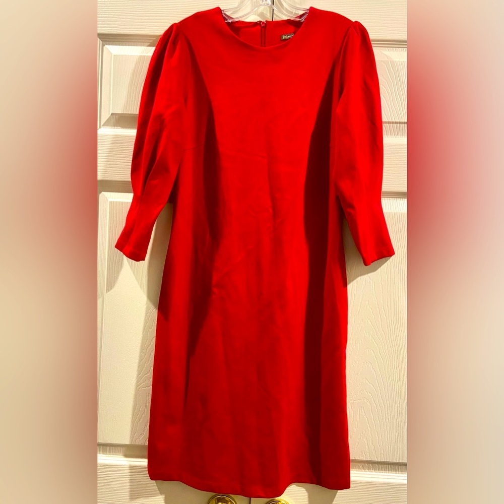J McLaughlin Womens Sz S Red Ezra Pleated Puff Sleeve Ponte Sheath Dress 1353